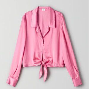 Aritzia Pink Cropped Tie Blouse